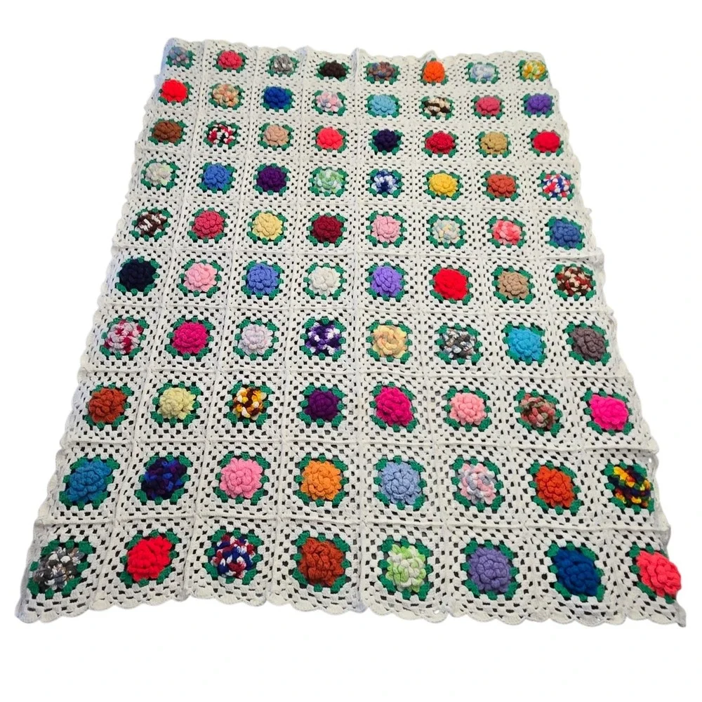 Vintage 3D Crochet Granny Square Blanket Floral White Handmade Afghan Throw